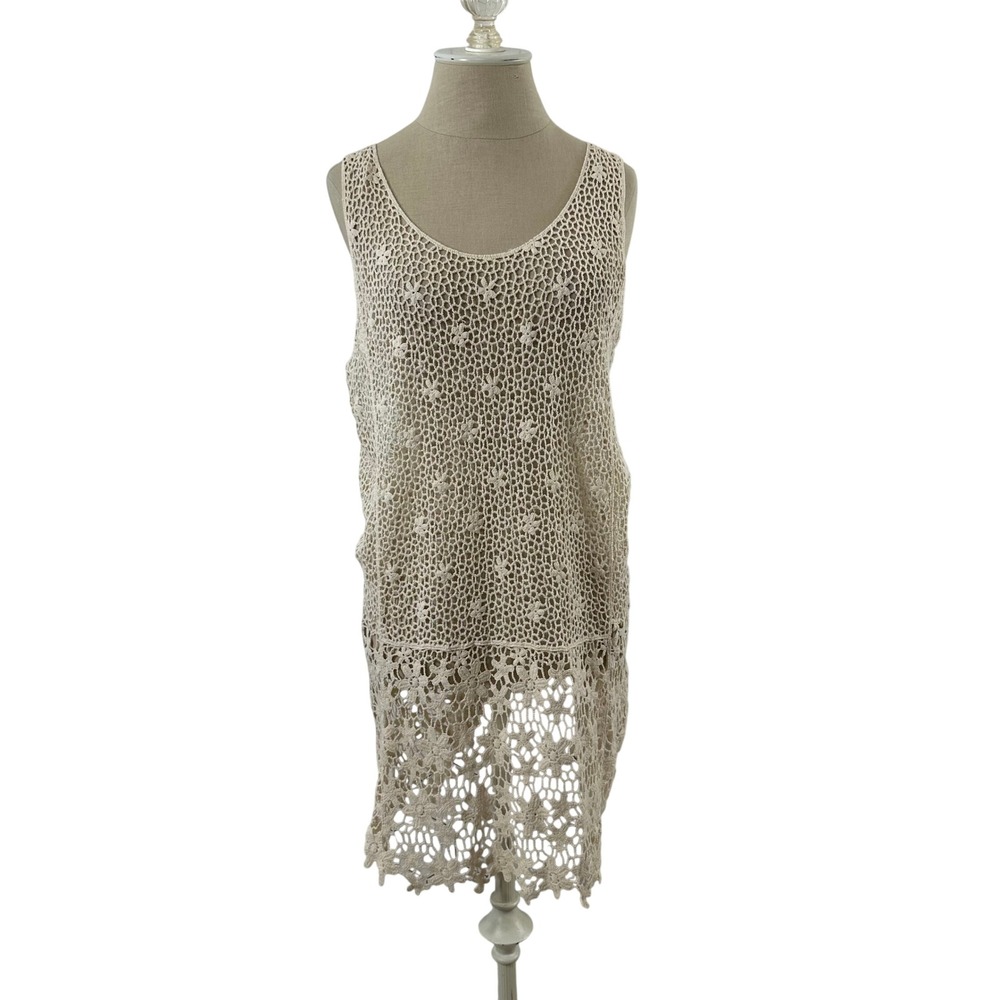 J. Valdi Womens Ivory Cotton Floral Crochet Sleeveless Tunic Coverup Top‎ Size S